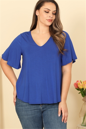 C96-A-1-T4094X-ROYAL BLUE PLUS SIZE V-NECK BELL SLEEVE SOLID TOP 2-2-2