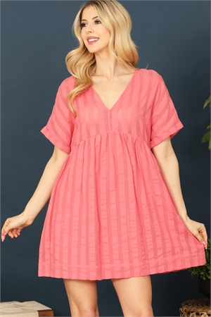 S4-2-2-D30266-CORAL V-NECK SHORT SLEEVE TEXTURED BABYDOLL DRESS 2-2-2