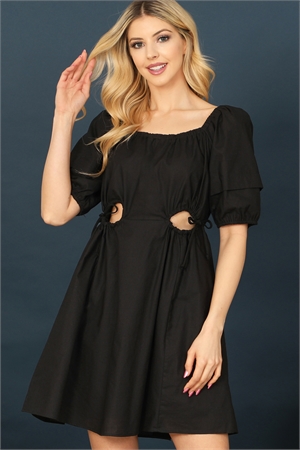 S9-6-2-D44103-BLACK RUCHED HOLE DETAIL WAIST PUFF SLEEVE MINI DRESS 2-2-2