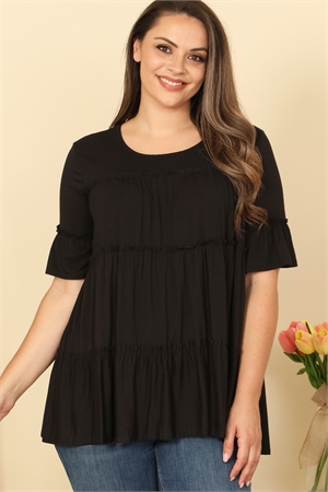 C96-A-1-T4212X-BLACK PLUS SIZE TIERED RUFFLE SHORT SLEEVE SOLID TOP 2-2-2