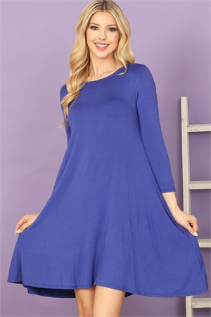 C74-A-1-D3252B-ROYAL BLUE SOLID BOAT NECK QUARTER SLEEVE SIDE POCKET DRESS 2-2-2-2