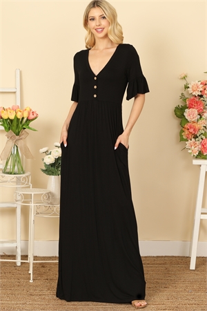 C68-A-1-D3697-BLACK FLOUNCE SLEEVE V-NECK BUTTON DETAIL SIDE POCKET SOLID MAXI DRESS 2-2-2-2