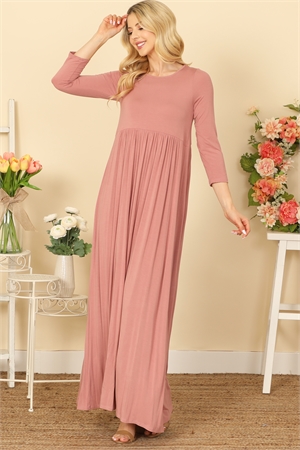 C68-A-2-D3409A-MAUVE QUARTER SLEEVE PLEATED WAIST SOLID MAXI DRESS 2-2-2-2