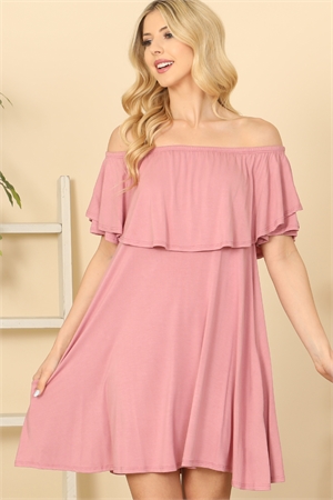 C86-A-2-D3505-D. PINK RUFFLE OFF SHOULDER SOLID DRESS 2-2-2-2