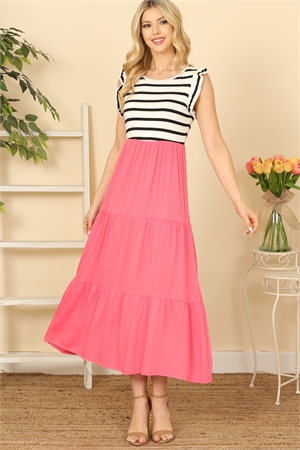 SA3-7-1-D5145-CORAL IVORY RUFFLE SLEEVE STRIPE CONTRAST SOLID DRESS 2-2-2-2