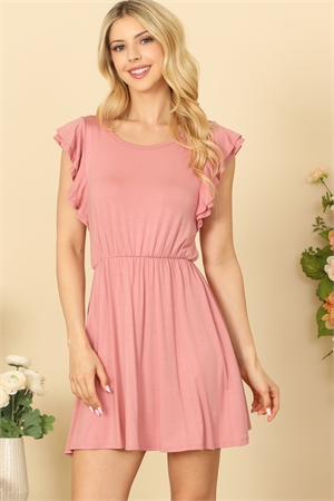 SA4-6-3-D3901-D. PINK RUFFLE SLEEVE ROUND NECK CINCH WAIST SOLID MINI DRESS 1-2-2-2