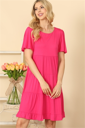 SA3-5-2-D5015-HOT PINK RUFFLE SHORT SLEEVE TIERED SOLID DRESS 2-2-2-2