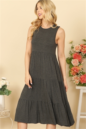 S4-2-2-D5131-CHARCOAL ROUND NECK SLEEVELESS TIERED SOLID DRESS 2-2-2-2