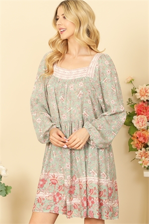 S8-10-2-D17067-SAGE SQUARE NECK LONG PUFF SLEEVE PLEATED BABY DOLL PRINTED DRESS 2-2-2