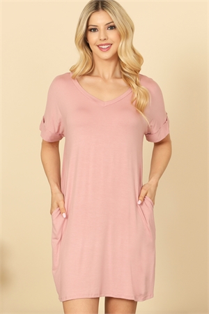 C80-A-2-D3925-D. PINK V-NECK SHORT SLEEVE SIDE POCKET SOLID MINI DRESS 2-2-2-2