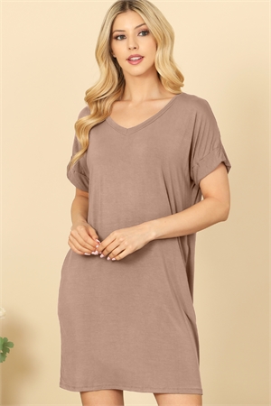 C80-A-2-D3925-MOCHA V-NECK SHORT SLEEVE SIDE POCKET SOLID MINI DRESS 2-2-2-2