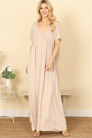 C78-A-1-D3973-TAUPE V-NECK SHORT SLEEVE PLEATED DETAIL SOLID MAXI DRESS 2-2-2-2