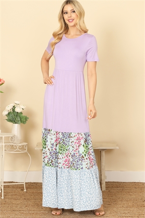 S5-7-1-D3862-1-LAVENDER SHORT SLEEVE SOLID COLOR BLOCK FLORAL-LEOPARD HEM MAXI DRESS 2-2-2-2