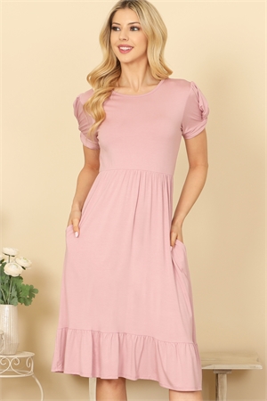 SA3-5-3-D5475-D. PINK SHORT TWIST PUFF SLEEVE SIDE POCKET PLEATED DETAIL DRESS 2-1-2-2