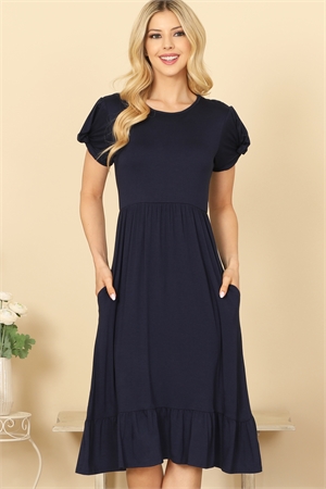 SA4-4-2-D5475-NAVY SHORT TWIST PUFF SLEEVE SIDE POCKET PLEATED DETAIL DRESS 2-2-2-2