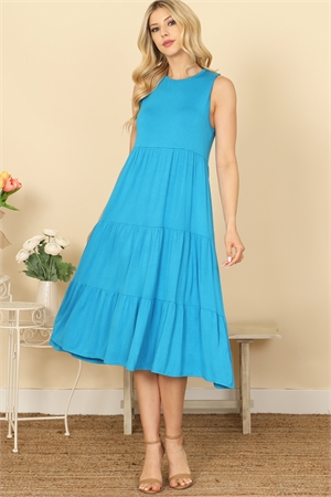 S7-1-3-D5131-TURQUOISE SLEEVELESS ROUND NECK TIERED SOLID MIDI DRESS 2-2-1-2