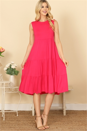 S7-1-3-D5131-FUCHSIA SLEEVELESS ROUND NECK TIERED SOLID MIDI DRESS 0-1-1-1