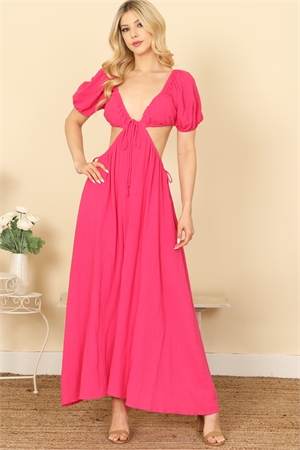 S10-7-1-D872-FUCSHIA SIDE CUT-OUT DETAIL PUFF SLEEVE SOLID MAXI DRESS 2-2-1