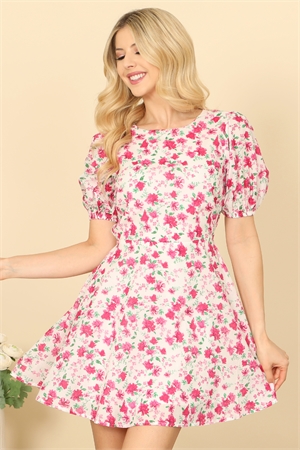 S4-1-3-D153-WHITE FUCHSIA ROUND NECK PUFF SLEEVE OPEN BACK FLORAL MINI DRESS 2-2-1