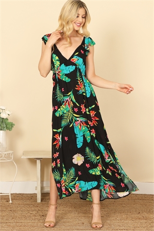 S10-7-2-D191-BLACK V-NECK RUFFLE SLEEVELESS SIDE SLIT TROPICAL PRINT MAXI DRESS  2-2-1