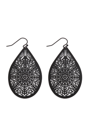 S6-4-1-E1094BK-FILIGREE TEARDROP HOOK EARRINGS-MATTE BLACK/1PC