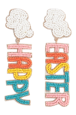 S7-5-3-FEA630GDMWH - HAPPY EASTER RABBIT SEED BEAD POST DROP EARRINGS- WHITE MULTICOLOR/1PC