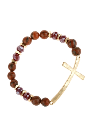 S21-7-5-HDB2998BU-MIX BEADS HAMMERED CROSS BRACELET-BURGUNDY/6PCS