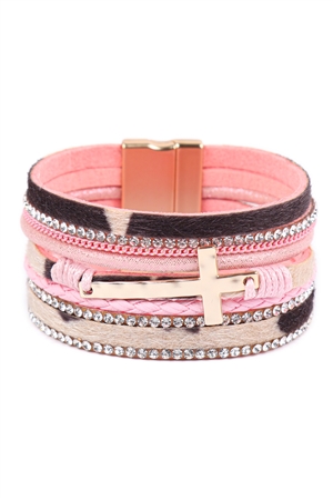 S25-5-1-HDB3468PK-1 - LEOPARD PRINT LEATHER WRAP MAGNETIC LOCK W/ CROSS BRACELET-PINK/1PC