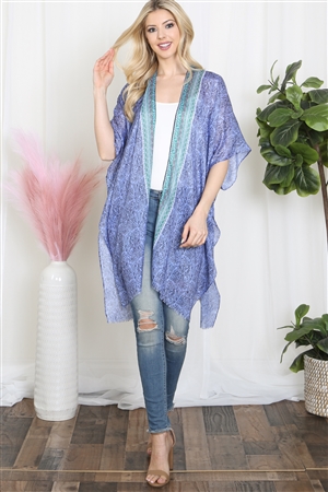 S7-3-1-HDF3939TQ - LEAF PRINT INLINE BOHO OPEN FRONT KIMONO-TURQUOISE/6PCS (NOW $3.00 ONLY!)