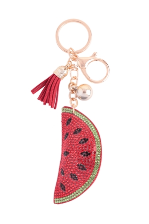 S22-9-5-HDK3726-3 - WATERMELON RHINESTONE TASSEL KEYCHAIN-RED/6PCS