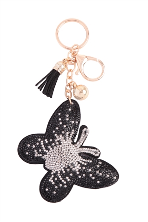 S19-8-3-HDK3731BK - BUTTERFLY RHINESTONE TASSEL KEYCHAIN-BLACK/6PCS