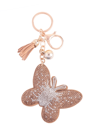 S23-9-3-HDK3731BR - BUTTERFLY RHINESTONE TASSEL KEYCHAIN-BROWN/6PCS