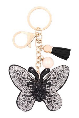 S23-9-3-HDK3731WT - BUTTERFLY RHINESTONE TASSEL KEYCHAIN-WHITE/6PCS