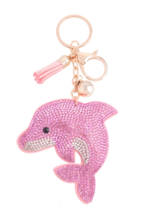 S19-8-3-HDK3737PK - DOLPHIN RHINESTONE TASSEL KEYCHAIN-PINK/6PCS