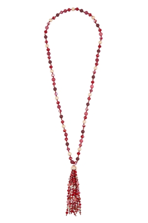 S18-11-1-HDN3109BU-BEADED TASSEL STATEMENT NECKLACE-BURGUNDY/6PCS