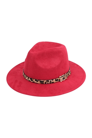 S22-5-5-HDT3328BU - BURGUNDY FASHION BRIM HAT WITH LEOPARD ACCENT/6PCS (NOW $3.50 ONLY!)