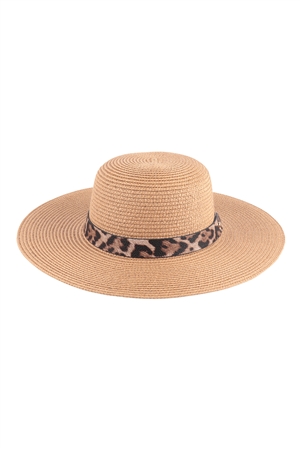 S20-10-5-HDT3593BR - PANAMA BRIM HAT WITH LEOPARD STRAP ACCENT - BROWN/6PCS