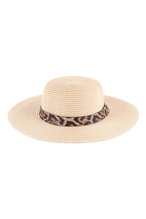 S20-10-5-HDT3593IV - PANAMA BRIM HAT WITH LEOPARD STRAP ACCENT - IVORY/6PCS