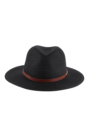 C-1-HDT3599BK - PANAMA BRIM SUMMER HAT WITH LEATHER STRAP - BLACK/6PCS