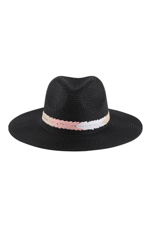 A1-1-1-HDT3600BK - PANAMA BRIM SUMMER HAT WITH BRAIDED STRIPE ACCENT- BLACK/6PCS