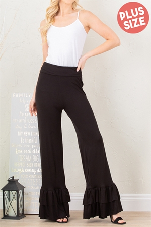 S16-1-3-HM-SP1003SX-BK - FOLD OVER WIDE LEG SOLID RUFFLED PANTS PLUS SIZE- BLACK 2-2-2