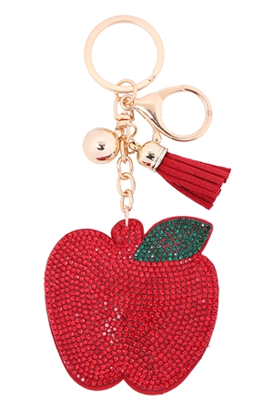 S18-7-2-KC440X015 - APPLE RHINESTONE TASSEL KEYCHAIN - RED/6PCS