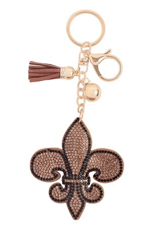 S20-3-5-KC444X121GE - FLEUR DE LIS RHINESTONE TASSEL KEYCHAIN-BROWN/1PC