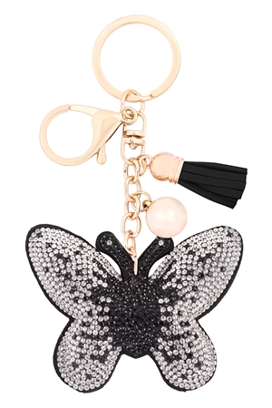 S18-10-5-KC444X190 - BUTTERFLY RHINESTONE TASSEL KEYCHAIN - BLACK/1PC