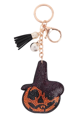 S22-7-2-KC444X508 - HALLOWEEN PUMPKIN WITCH HAT RHINESTONE TASSEL KEYCHAIN-ORANGE/1PC