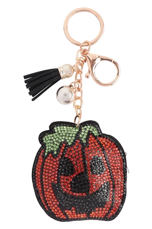 S22-7-2-KC444X509 - HALLOWEEN PUMPKIN RHINESTONE TASSEL KEYCHAIN-ORANGE/1PC