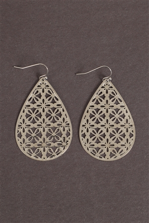 SA-3-3-2-ME11158RD - FLOWER PATTERN FILIGREE TEARDROP SHAPE HOOK EARRINGS-SILVER/1PC