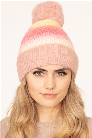 S25-5-4-MH0042BH-1 - TIE DYE FLEECE POMPOM BEANIE BLUSH /1PC