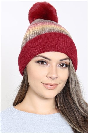 S25-5-4-MI-MH0042BU - TIE DYE FLEECE POMPOM BEANIE BURGUNDY /6PCS