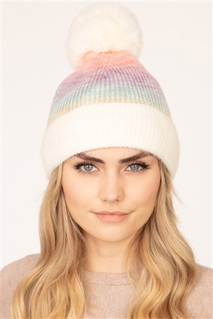 S25-5-4-MH0042IV-1 - TIE DYE FLEECE POMPOM BEANIE IVORY /1PC